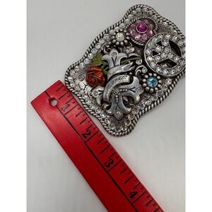 Nocona Buckles Belt Buckle Rhinestone Peace Sign Rose True Love Western Silver
